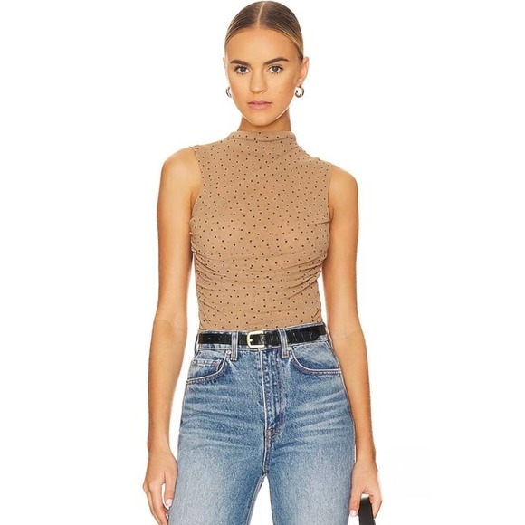 ENZA COSTA Mesh Sleeveless Top Womens Medium Tan Nude Black Polka Dot Shirt NEW - Picture 3 of 16